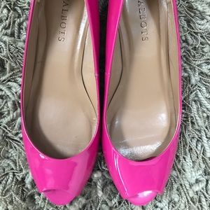 Talbots Patent hot pink peep toe shoes.